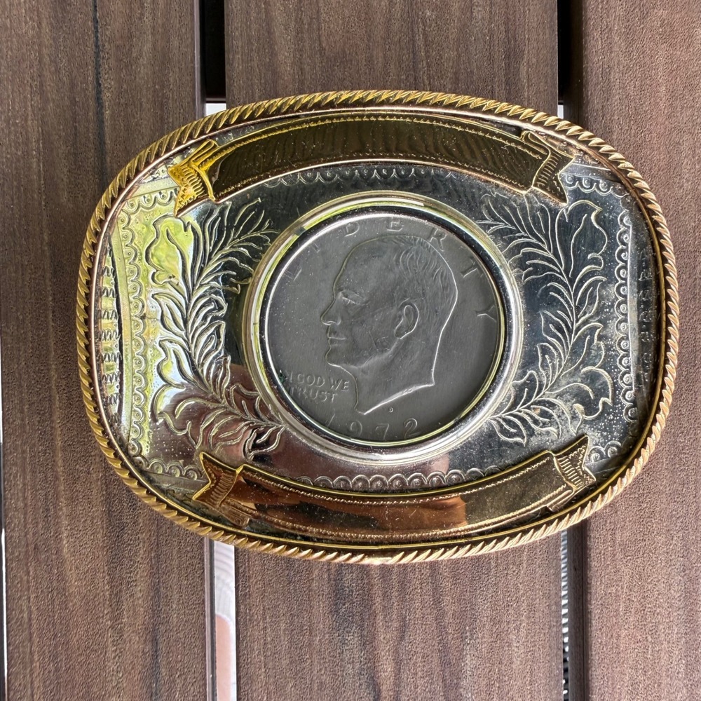 Vintage German Silver Belt Buckle 1972 Eisenhower Liberty One Dollar Coin